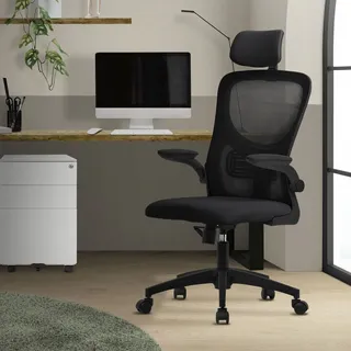 ML-Design Bürostuhl ergonomisch, Schwarz, aus Mesh, mit verstellbarer Kopfstütze - Schwarz