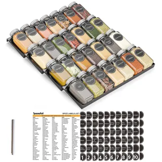 SpaceAid Gewürz-Schubladen-Organizer mit 28 Gewürzgläsern, 386 Gewürz-Etiketten, 4-stöckiger Gewürzregal-Einsatz für Küchenschubladen, 33 cm breit x 44,5 cm tief