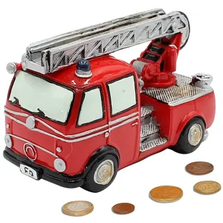 Dekohelden24 Spardose als Feuerwehr aus Poly - Sparauto - Sparbüchse in rot mit Gummiverschluss, Größe L/B/H: ca. 15 x 7 x 10 cm