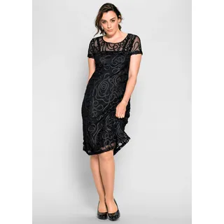 Spitzenkleid SHEEGO "Spitzenkleid", Damen, Gr. 56, Normalgrößen, schwarz, Spitze, 100% Polyamid, unifarben, knielang, Rundhals, Kleider Spitzenkleid