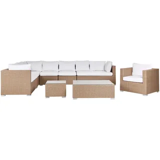 Beliani Lounge-Set 8-Sitzer sandbeige linksseitig modular Auflagen cremeweiß Xxl , Sandfarben , Kunststoff , Gartenmöbel, Gartengarnituren, Gartenmöbel-Sets