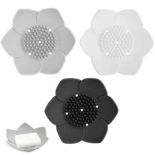 ANNASAMDO Lotus Seifenschale mit Ablauf, Silikon Seifenhalter für Badezimmer & Dusche, 3-teilig in Weiß Grau Schwarz