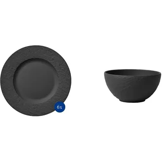 Villeroy & Boch - Manufacture Rock Speiseteller, 6 Teller, Premium Porzellan & Manufacture Rock Schale, 650 ml, Premium Porzellan, spülmaschinen-, mikrowellengeeignet, Schwarz