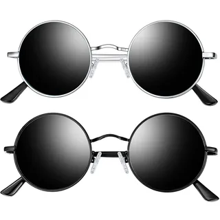 Joopin Runde Sonnenbrille Set Vintage Herren und Polarisierte Sonnenbrille Damen Schwarz Rund UV400 2 Pack (Silber Schwarz und Voll Schwarz)