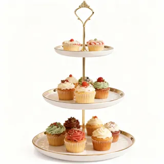 Petsoigné Cupcake-Ständer Keramik Kuchen Stand mit 3-Lagen Eingelegten Gold Tier Tables Obstteller für Couchtisch Dekoration, Cupcake und Teller Dessert Stand (Weiß)