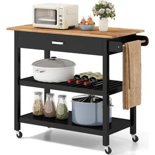 COSTWAY Küchenwagen, 3-stöckiger Küchenrollwagen mit Arbeitsplatte, 2 offenen Ablagen, Schublade & feststellbaren Rollen, Mobile Servierwagen Schwarz - Schwarz