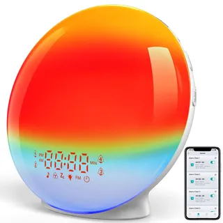 Tageslichtwecker Lichtwecker Radiowecker Wake up Light APP Steuerung,Sonnenaufgang Sonnenuntergangssimulation,11 Farblicht 20 Helligkeit, 7 Naturgeräusche 4 Alarmen Schlummerfunktion Nachttischlampe