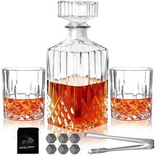 Whiskey-Dekanter-Set für Herren, 2 Whiskygläser und 1 Glaskaraffe mit Kühlsteinen, klares Whisky-Likör-Dekanter-Set für Whiskey, Bourbon, Rum, Männer, Vatergeschenk