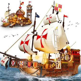 HiWEEGO Santa Maria Schiff Bausatz mit LED, 2-in-1 Bauset Piratenschiff Haus mit Anlegestelle, 1253 Teiles Abenteuer-Handelsschiff-Modellbauset Geschenk für Erwachsene Teen Jungen Mädchen ab 12 Jahren