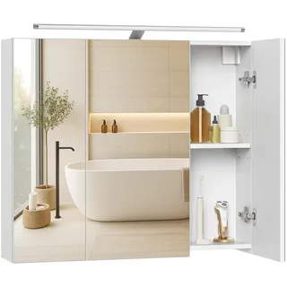 VASAGLE Spiegelschrank, Hängeschrank mit verstellbaren Ablagen, Beleuchtung, 3 Türen, modern, 15 x 70 x 60 cm, weiß - Weiß