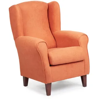 Sillonea - Ohrensessel Rom, Kleiner Sessel für Wohnzimmer, Lesesessel, ideal zum Fernsehen/Lesen, Maße: 100 x 74 x 77 cm, mit schmutzabweisendem Stoff bezogen (Orange, Walnuss)