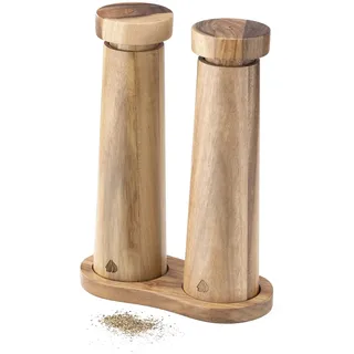 Navaris Salz und Pfeffer Mühle Set - Gewürzmühle Grinder Streuer für Gewürze - Salzstreuer Pfefferstreuer aus Holz - mit Tablett - zum Mahlen - nachfüllbar