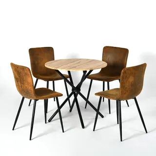 39F FURNITURE DREAM Runde 4 Esszimmerstühle - Tischset für Balkon, Küche, Wohnzimmer, MDF, dunkle Eiche/Braun, 80 x 80 x 75 cm, 39,5 x 49,5 x 85,5 cm