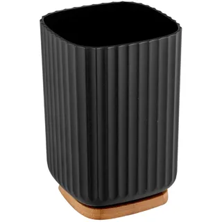 Wenko Zahnputzbecher Mod. Rotello, Becher zum Zähneputzen aus Kunststoff und Boden aus Bambus, Abstellmöglichkeit für Zahnputz-Utensilien mit griffiger Rillenstruktur, Ø 8,6 x 11,1 cm, Schwarz/Natur