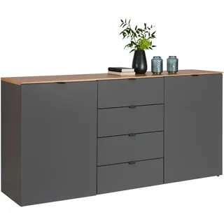 Hom`in Sideboard , Graphitfarben, Eiche Artisan , Metall , 4 Fächer , 4 Schublade(n) Schubladen , 180x91x44 cm , Beimöbel erhältlich , Wohnzimmer, Wohnwände, Wohnwand-Serien