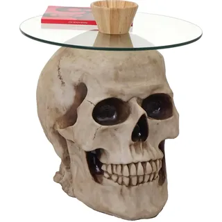 Mendler Beistelltisch Totenkopf HWC-A19, Glastisch Wohnzimmertisch Couchtisch Totenschädel, Polyresin rund Ø