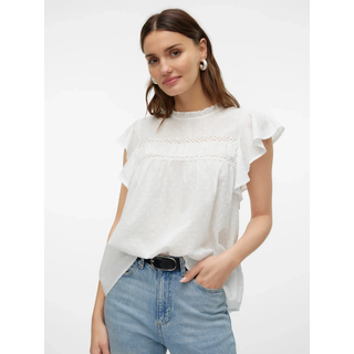 Blusenshirt VERO MODA "VMTRINE SL LACE TOP WVN NOOS", Damen, Gr. XS, weiß (snow weiß), Web, Obermaterial: 100% Baumwolle, unifarben, regular fit normal, Rundhals, Flügelärmel, Shirts Blusenshirt, Baumwolle