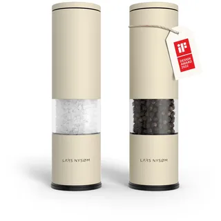 LARS NYSØM Salz und Pfeffermühle Set Manuell mit einstellbarem Keramikmahlwerk I Edelstahl Pfeffermühle und Salzmühle I Design Gewürzmühlen Set (2 Stück) (Almond Beige)