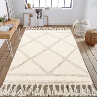 INKAROBOX Teppich Läufer Flur, Boho Beige Getuftet Baumwollteppich mit Gewebt Quasten, Waschbarer Teppich für Badezimmer Küche Wohnzimmer Schlafzimmer Flur Esszimmer (Beige, 180 x 120 cm (Rechteckig))