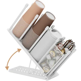 Ovicar Becher- und Deckelhalter – verstellbarer Kaffeebecherhalter, Organizer, 4 Fächer, Einwegbecher-Spender mit Kaffeekapsel-Strohhalm, Aufbewahrungskorb für Kaffeestation, Bar, Arbeitsplatte,