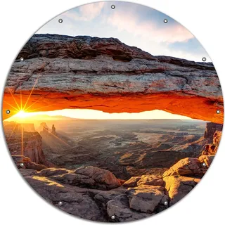 Wallario rundes Outdoor-Poster für Garten oder Balkon, Motiv Sonnenstrahl am Horizont Leuchtende Felsspalte, 120 cm Durchmesser - Braun