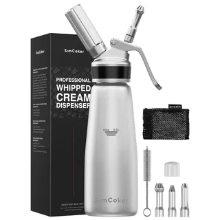 SimCoker Sahnespender,Aluminium Sahnesiphon 500ml,inklusive Ersatzteile 3 Edelstahl Spritztüllen 1 Reinigungbürste, Schlagsahnebereiter,Deutsche Anweisungen