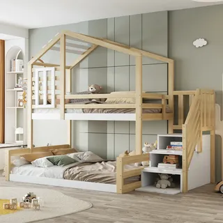 Flieks Etagenbett 90x200 / 140x200cm mit Rausfallschutz, Kinderbett Hausbett mit Fenster, Hochbett mit Treppe, Holzbett Stockbett 2 Kinder, Holzfarbe - Naturbelassen
