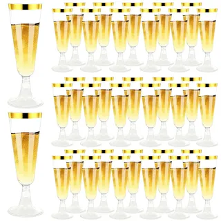 QinOustore Sektgläser Plastik 100 stück - Sektgläser Kunststoff Mehrweg, 150ml sektglas plastik Mit Goldrändern für Hochzeiten, Geburtstage, Picknicks und Partys