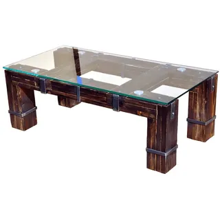 CHYRKA® Couchtisch (Natur, 120x60 cm H=40 cm) DROHOBYCZ Wohnzimmertisch Massivholz Glastisch Holz Glas Loft Handmade Vintage Deco - Braun