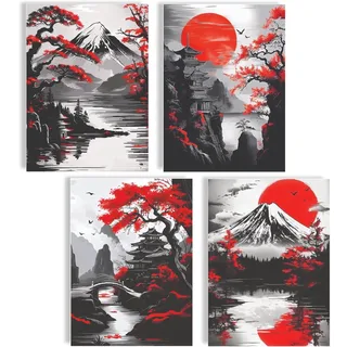 Japan Landschaft Poster Set 4er Set Wandbilder mit Fuji Berg roter Sonne und Pagoden A4 Kunstdrucke asiatische Kunst Wanddeko Wohnzimmer Schlafzimmer Büro Deko
