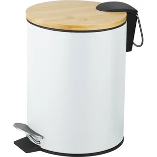 Amig - Kosmetikeimer mit Pedal 5L Naturline - Weiß und Bambus - Hygienische Öffnung - Ø20 x 26 cm - Lackierter Edelstahl - Runder Badeimer Mülleimer mit Deckel