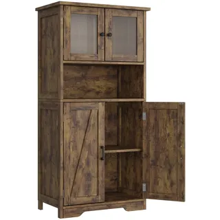 GarveeHome 128cm Hoher Badezimmerschrank, Freistehender Badezimmer-Aufbewahrungsschrank Mit Glastüren Und Offenem Regal, Kippschutz-Set, Für Wohnzimmer, Küche, Vintage-Braun