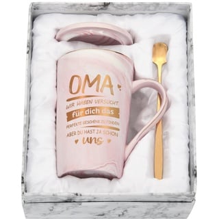 Joymaking Keramik Kaffeetasse Geschenk für Oma zum Weihnachten Geburtstag Muttertag, 400ml Rosa Tasse Oma Geschenk Weihnachten Geburtstaggeschenk Kaffeetasse mit Spruch - Du hast ja schon UNS