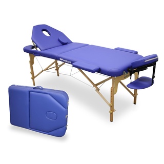 WELLCORE Faltbare Massageliege aus Holz, mit aufklappbarer Rückenlehne, Plus, 185 x 65 cm, Kunstleder, höhenverstellbar, Abnehmbarer Kopf, Gesichtsloch, Blau, bis 225 kg