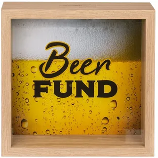 Makio Spardose aus Holz, Biersparend, Münz-Spardose mit lustigem Beer Fund-Design (20 x 20 cm) mit Aufhänger für Erwachsene, Bierliebhaber und Art Deco Fans