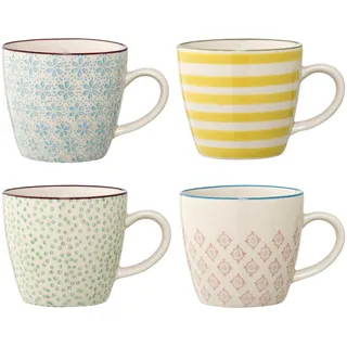 Bloomingville Patrizia Tassen 4er-Set – 220 ml Steingut-Kaffeetassen im nordischen Design, handglasiert in Blau, Gelb, Rot & Grün – stilvoll, robust & spülmaschinengeeignet