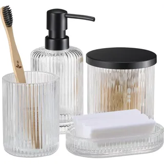 Navaris Badezimmer Set 4-teilig aus Glas - dekoratives Badzubehör mit Zahnputzbecher Seifenspender Seifenschale Glasdose - Bad Accessoires - Schwarz - Schwarz