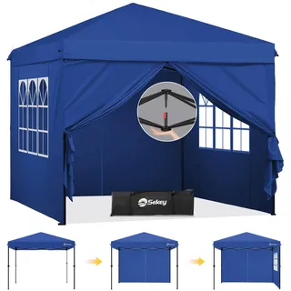 Sekey Premium Pop Up Pavillon 3x3 Wasserdicht Stabil, 3 x 3 m Pavillon mit Seitenwänden, Faltpavillon Partyzelt Faltbar für Camping Party, Höhe Verstellbar 250-270cm, (Navy, Mit Seitenwänden)