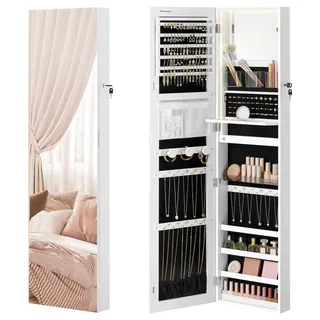 Songmics Schmuckschrank 140 cm hoch, Schmuckorganizer mit beleuchtetem Innenspiegel, Spiegelschrank wand- oder türmontiert, abschließbar, Geschenkidee, wolkenweiß JJC032W01