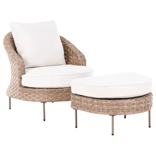 BELIANI Gartensessel Braun Rattan mit Fußhocker Armlehnen Auflagen Metallbeien Boho Design Outdoor Rattansessel Loungesessel Sitzmöbel - Braun, Weiß