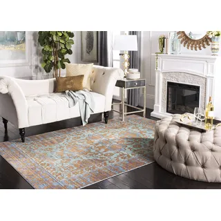 SAFAVIEH Boho Teppich für Wohnzimmer, Esszimmer, Schlafzimmer - Valencia Collection, Kurzer Flor, Blau und Gold, 122 X 183 cm