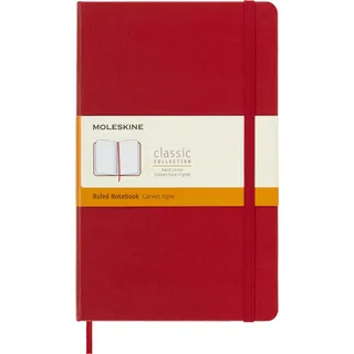 Moleskine Klassisches Notizbuch, Liniertes Notizbuch, Hardcover und Elastischer Verschluss, Großes Format 13 x 21 cm, Scharlachroter Farbton, 240 Seiten