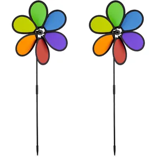 Relaxdays Windrad Blume, 2er Set, Deko Gartenstecker für Balkon, Terrasse & Garten, HBT 66 x 27 x 7 cm, Regenbogen, bunt