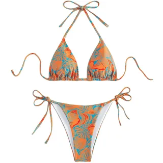 Falainetee Damen Badeanzug mit hoher Taille, Blumendruck, Dreieck, Neckholder, Badeanzug, Bikini-Set, 2-teilig, gelb, Medium