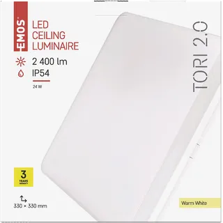 EMOS LED-Deckenleuchte TORI, wasserdichte 24 W Badlampe für Außen und Innen, 2400 lm quadratische Flurlampe/Badezimmerlampe, warmweiß 3000K, Deckenlampe für Flur, Bad, Küche, 33cm