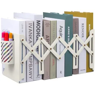 MSDADA Buchstützen Verstellbar Erweiterbar Metall Kinder Buchständer Zeitschriftenordner rutschfeste Bücherhalter Mit Abnehmbarem Stifthalter für Küche Büro Schule Bibliothek (Nicht-Gerade Weiss)