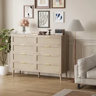 GarveeHome Sideboard im Boho Stil, Wiener Geflecht Kommode mit 8 Schubladen, Rattan TV-Tisch mit Viel Stauraum für Esszimmer, Wohnzimmer & Schlafzimmer, 120 x 40 x 94cm, Einfache Montage