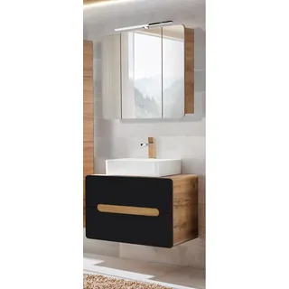 Badmöbel Waschplatz Set mit Keramik-Waschbecken NEW-LUTON seidenmatt anthrazit mit Wotan Eiche Nb., B/H/T ca. 80/200/46 cm - Grau