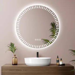 EMKE Runder beleuchteter LED Badezimmerspiegel Ø 60 cm mit Antibeschlag+Touch-Schalter+3 Variable Lichtfarben, runder runder Badezimmerspiegel, Trendiger dekorativer Spiegel