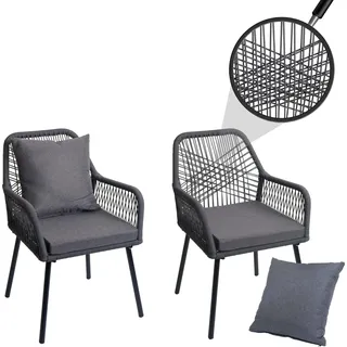2er-Set Gartenstuhl HWC-O12, Outdoor Sitz-/Rückenpolster Aluminium Seilgeflecht Rope anthrazit, Bezug dunkelgrau - Grau